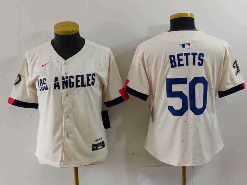 Womens Los Angeles Dodgers #50 Mookie Betts Cream 2024 City Connect Limited Stitched Jersey->mlb womens jerseys->MLB Jersey